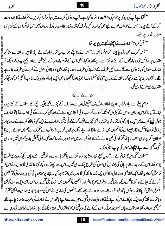 Nazr e Bad is a Collection of Pur Israr Horror Thriller Urdu Novels written by young emerging writer Muhammad Shoaib, initially for Dar Digest and later Published on Kitab Ghar Website Online Readers. Nazr e Bad is first story which a young couple was victim of Nazr e Bad but Nazr e Bad can apart them but love cannot be erased. Taaq Ratain (Odd nights of Moon) story of a young man who was seeking super natural powers through dark magic in the odd nights of Moon. Haatim is story of a young man could face any challenge in fulfilling his promise.