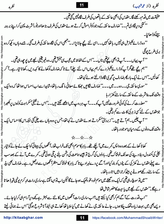 Nazr e Bad is a Collection of Pur Israr Horror Thriller Urdu Novels written by young emerging writer Muhammad Shoaib, initially for Dar Digest and later Published on Kitab Ghar Website Online Readers. Nazr e Bad is first story which a young couple was victim of Nazr e Bad but Nazr e Bad can apart them but love cannot be erased. Taaq Ratain (Odd nights of Moon) story of a young man who was seeking super natural powers through dark magic in the odd nights of Moon. Haatim is story of a young man could face any challenge in fulfilling his promise.