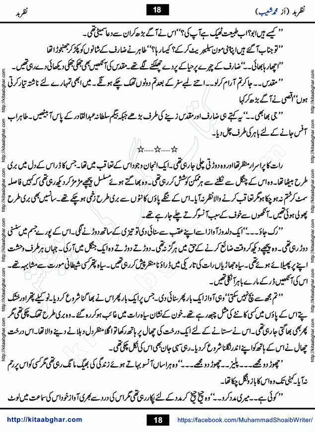 Nazr e Bad is a Collection of Pur Israr Horror Thriller Urdu Novels written by young emerging writer Muhammad Shoaib, initially for Dar Digest and later Published on Kitab Ghar Website Online Readers. Nazr e Bad is first story which a young couple was victim of Nazr e Bad but Nazr e Bad can apart them but love cannot be erased. Taaq Ratain (Odd nights of Moon) story of a young man who was seeking super natural powers through dark magic in the odd nights of Moon. Haatim is story of a young man could face any challenge in fulfilling his promise.