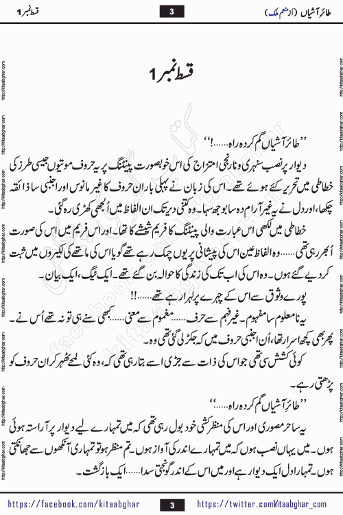 Taier e Ashiyan romantic urdu novel by munam malik writer is a new urdu novel being serialized in monthly kiran digest and also kitab ghar is publishing this novel online for Urdu Novel Readers