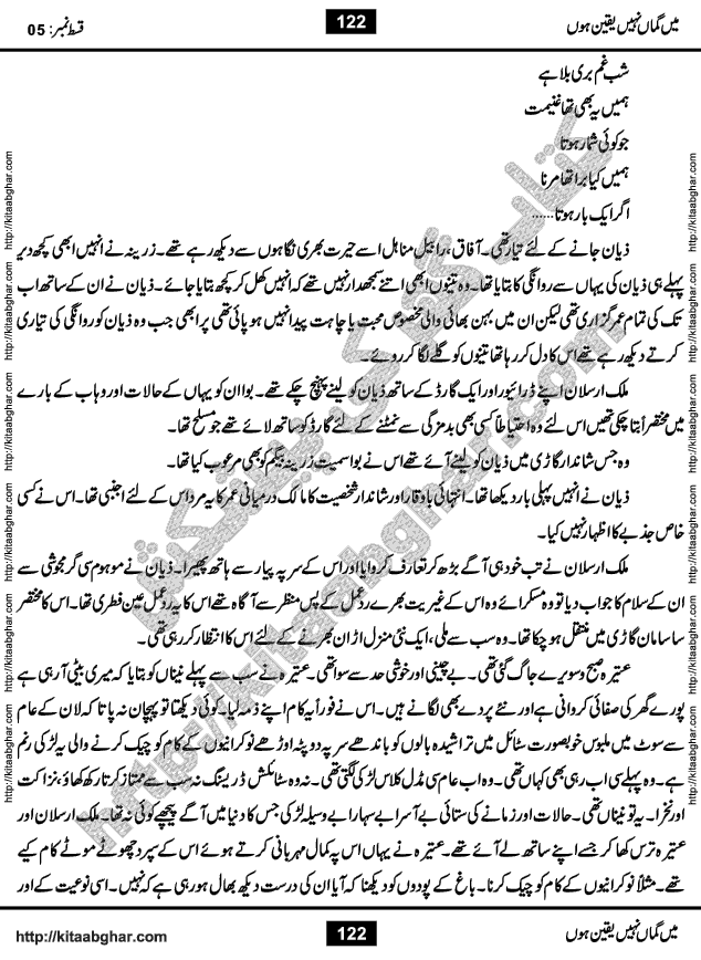 Me Guman Nahi Yaqeen Hoon is a Social Romantic Urdu Novel written by Nabila Abar Raja an established Urdu Digest Writer, Novelist and Struggling Dramatist. Me Guman Nahi Yaqeen Hoon Novel is a story of Family Bonds and Relationships. The novel is being serialized in Monthly Kiran Digest, started from March-2015. The Novel will soon be available in Book Form, published by Ilm o Irfan Publishers, Lahore