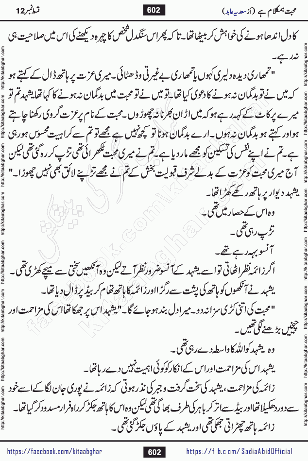mohabbat humkalam hai last episode 13 romantic urdu novel by sadia abid writer being published on kitab ghar. This Novel has taste of everything our Pakistan society and culture has. It is filled with colours of love and sweetness of relations, darkness of hate and grudge