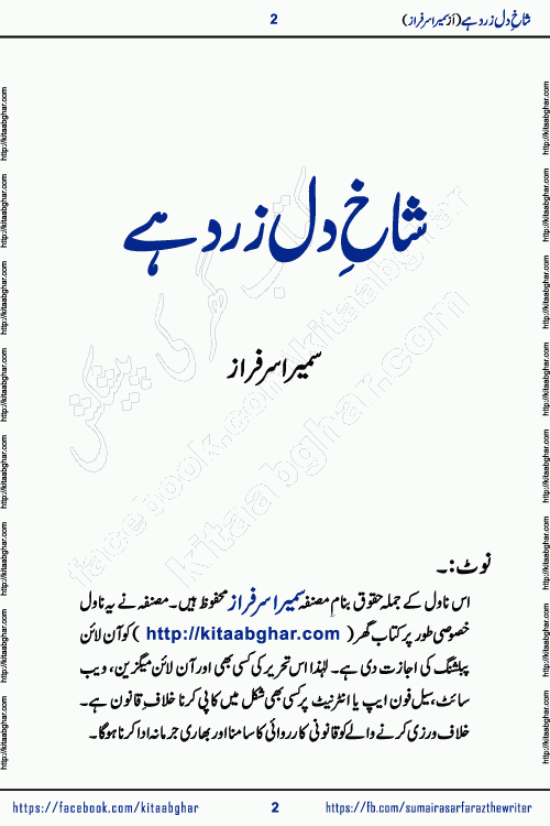shakh e dil zard hai episode 2 by sumera sarfraz is a new social romantic urdu novel serialized in monthly digest and now kitab ghar is publishing online for urdu novel readers and PDF Download